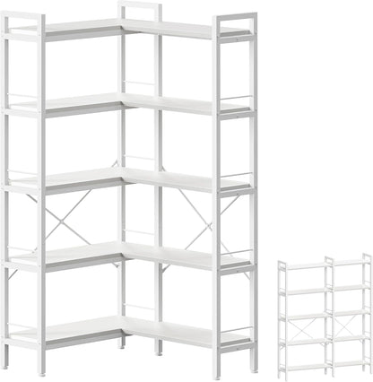 Huuger 5 Tier Bookshelf, L Shaped Corner Bookshelf with 10 Open Shelves, 49.4 Inch Straight Wide Bookcase with Metal Frame and Wooden Board, Adjustable Feet, Rustic Brown — 5 Tier / White