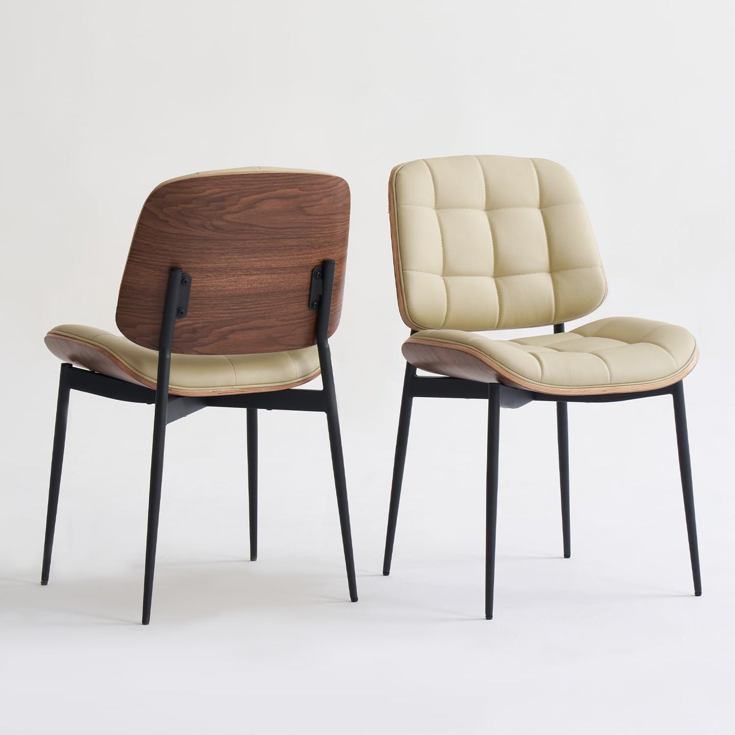 GrandNoor Mid Century Modern Dining Chairs with Walnut Grain Back, Brown Faux Leather Dining Room Chairs Set of 2, Checkered Soft Cushion Kitchen Chairs with Adjustable Foot Pads