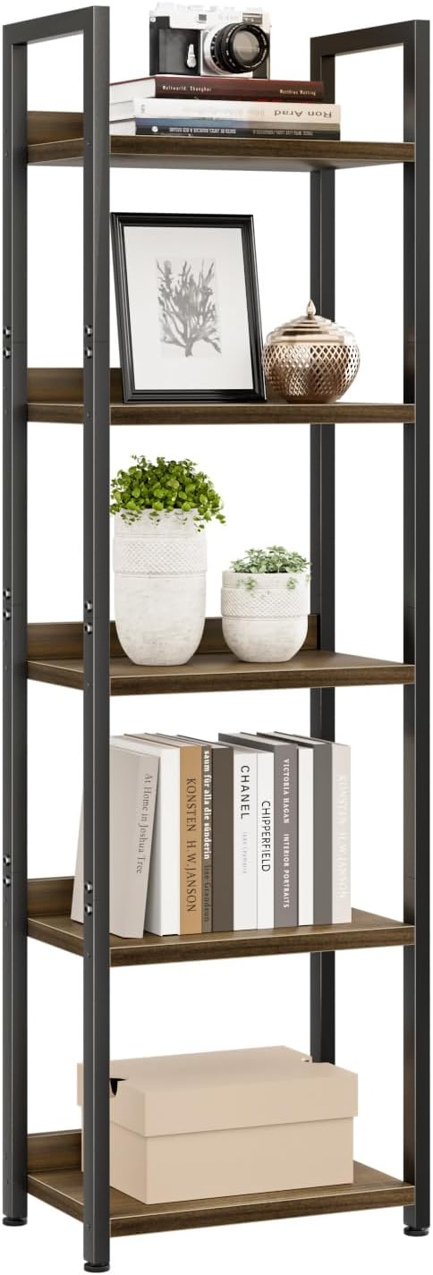 NUMENN Bookshelf, 5 Tier Bookshelves, Home Office Bookcase Shelf Storage Organizer, Free Standing Storage Shelving Unit for Bedroom, Living Room and Home Office, Vintage — 5 Tier(Narrow) / Dark Walnut
