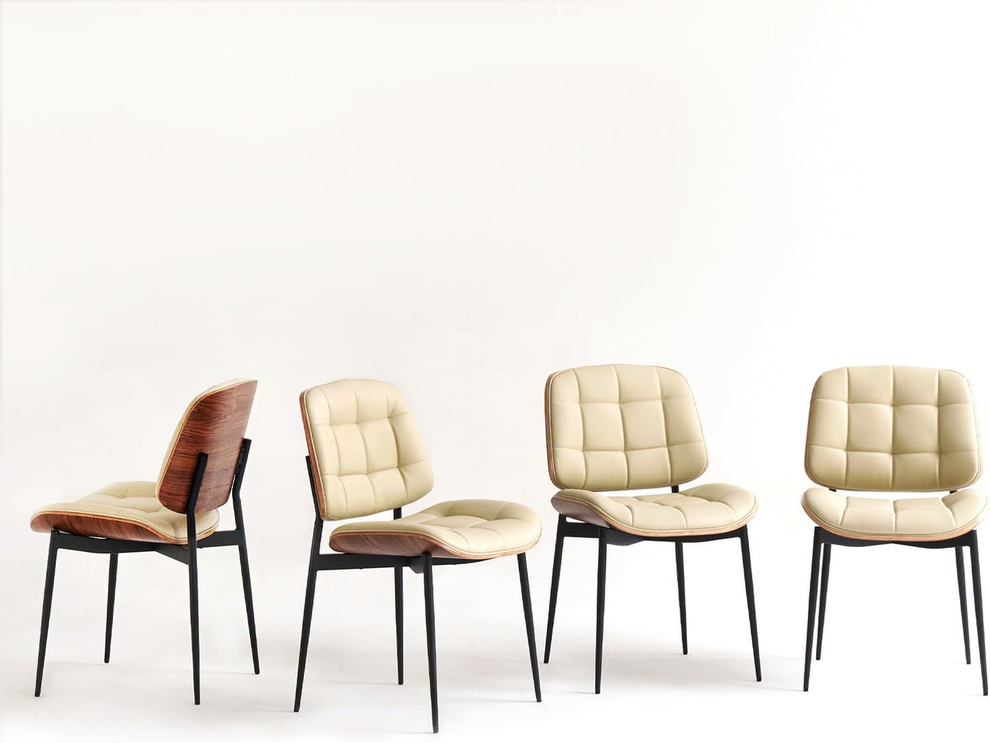 GrandNoor Mid Century Modern Dining Chairs with Walnut Grain Back, Brown Faux Leather Dining Room Chairs Set of 2, Checkered Soft Cushion Kitchen Chairs with Adjustable Foot Pads — A-beige / Set of 4