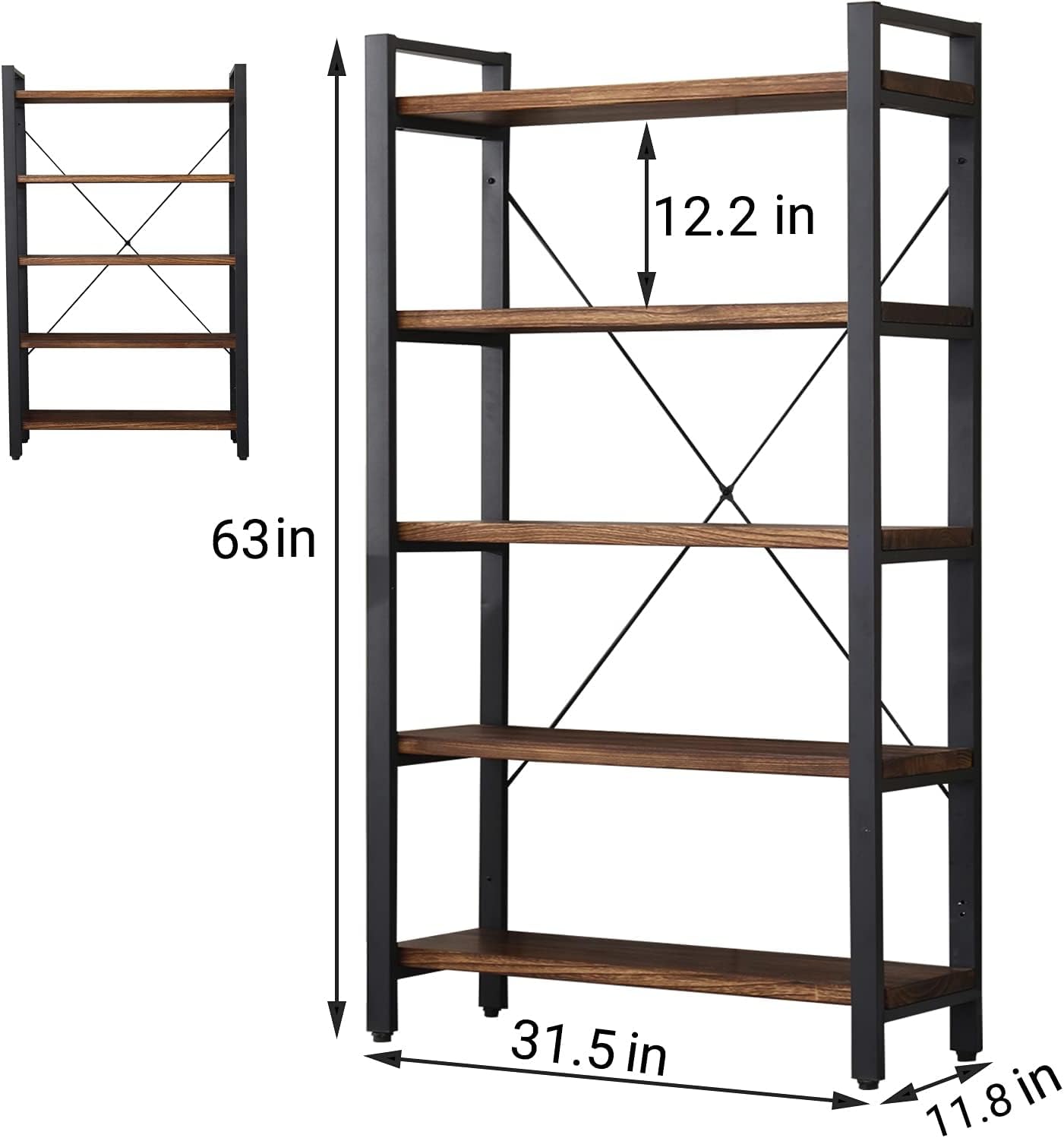 WH-AOERPUMY 5 Tier Bookcase, Solid Wood Bookshelf Rustic Vintage Industrial Etagere Bookcase, Metal and Wood Free Vintage Bookshelf, Retro Brown (5-Tiers) — 5-Tiers-Solid Wood (2)
