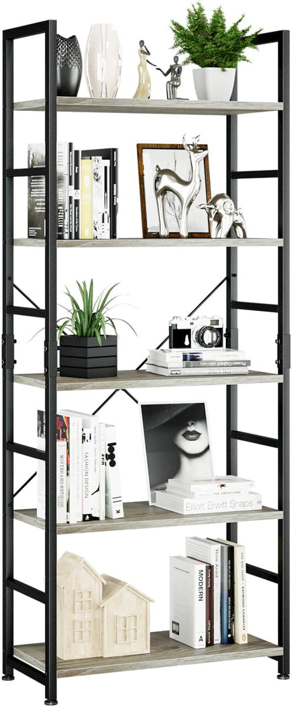 NUMENN 5 Tier Bookshelf, Tall Bookcase Shelf Storage Organizer, Modern Book Shelf for Bedroom, Living Room and Home Office, Vintage — 5 Tier / Grey