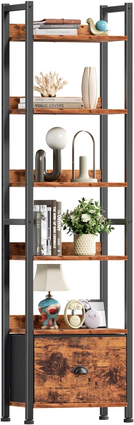 Furologee 5 Tier Bookshelf with Drawer, Tall Narrow Bookcase with Shelves, Wood and Metal Bookshelves Storage Organizer, Industrial Display Standing Shelf Unit for Bedroom, Living Room, Rustic Brown — Rustic Brown / 6 Tier -1 PCS