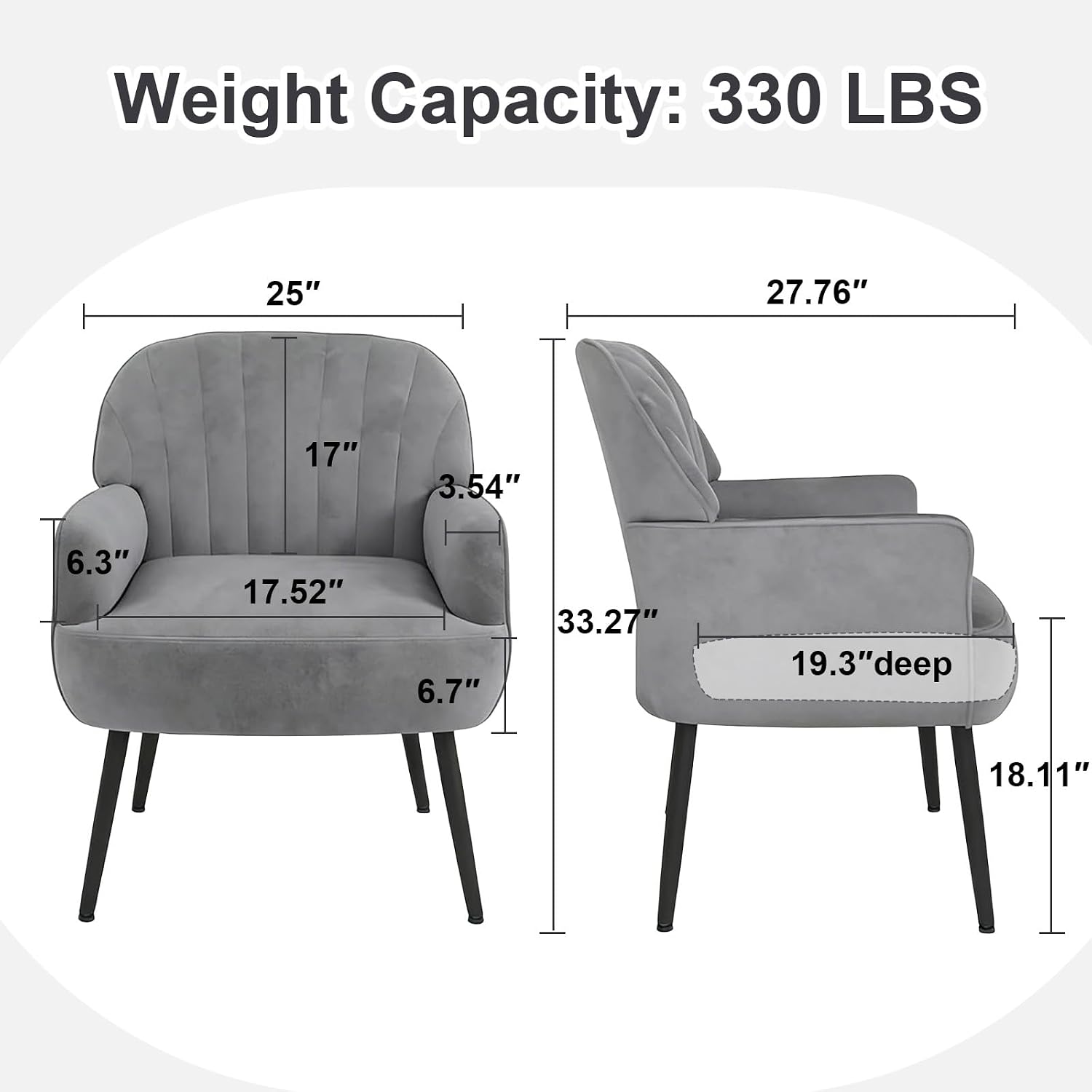 Velvet Accent Chair, Channel Tufted Shell Back Armchair, Ergonomic Upholstered Reading Chair with Wood Legs, Modern Single Sofa Chair for Living Room, Bedroom, Vanity (Gray) — Grey (2)