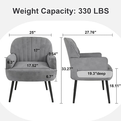 Velvet Accent Chair, Channel Tufted Shell Back Armchair, Ergonomic Upholstered Reading Chair with Wood Legs, Modern Single Sofa Chair for Living Room, Bedroom, Vanity (Gray) — Grey (2)