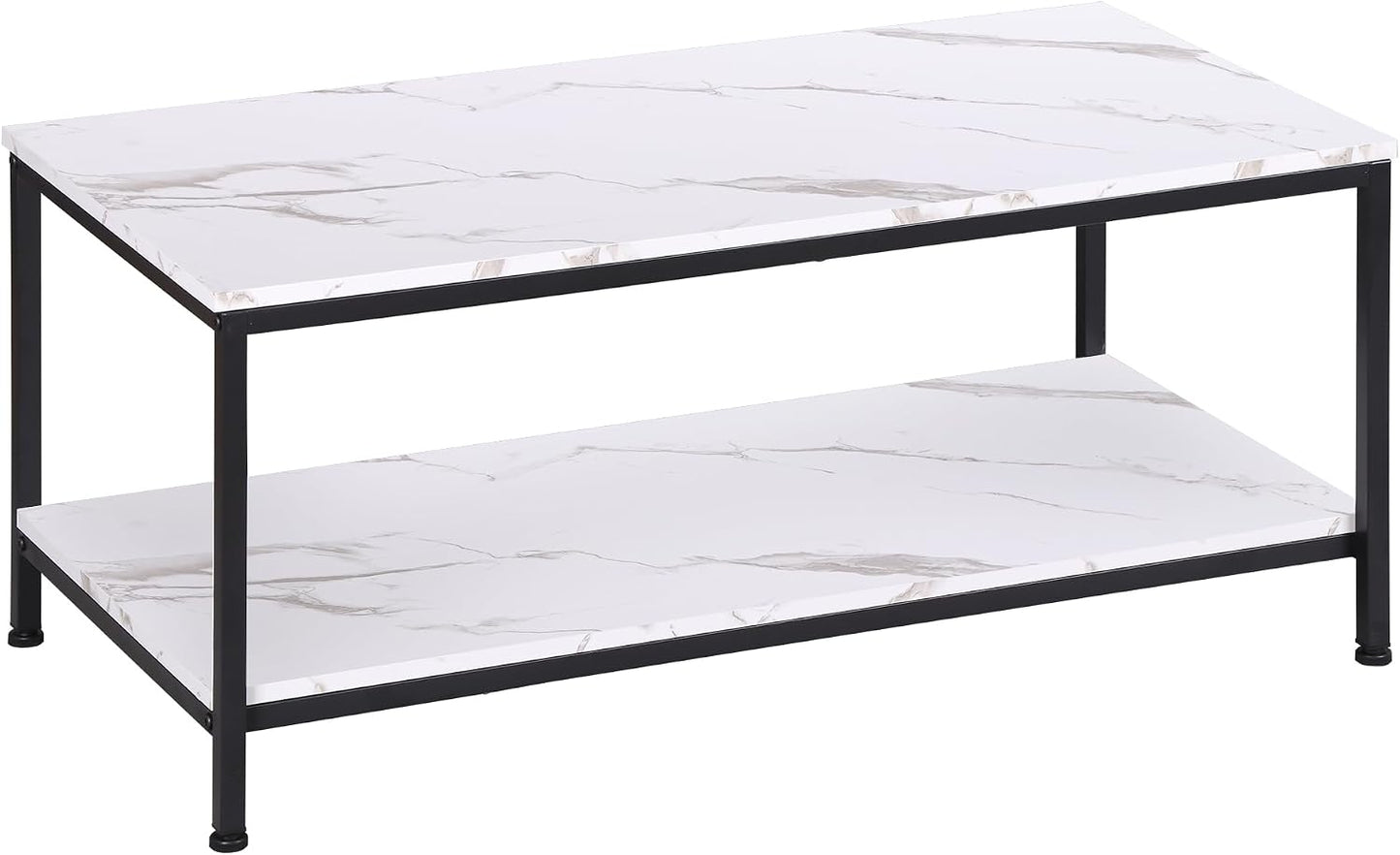 SUPER DEAL 2-Tier Industrial Coffee Table with Storage Shelf for Small Apartment Living Room, Rectangle Wood and Stable Metal TV Stand Side End Table, Rustic Brown — White Marble / 39.4in