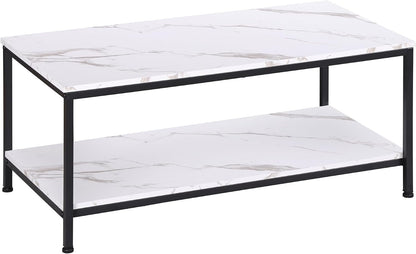 SUPER DEAL 2-Tier Industrial Coffee Table with Storage Shelf for Small Apartment Living Room, Rectangle Wood and Stable Metal TV Stand Side End Table, Rustic Brown — White Marble / 39.4in