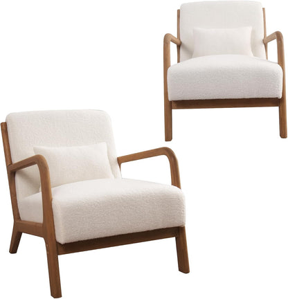 INZOY Mid Century Modern Accent Chair with Wood Frame, Upholstered Living Room Chairs with Waist Cushion, Reading Armchair for Bedroom Sunroom (Beige) — White2 / Classic