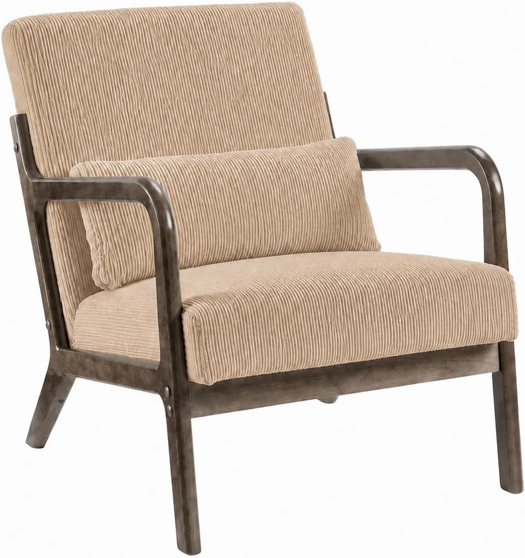 Garvee Mid-Century Chenille Accent Chair, Cozy Reading Chair, Modern Lounge Armchair with Lumbar Pillow, Solid Wood Frame, for Living Room, Bedroom, Office, Beige — Brown-corduroy / 1 Pack