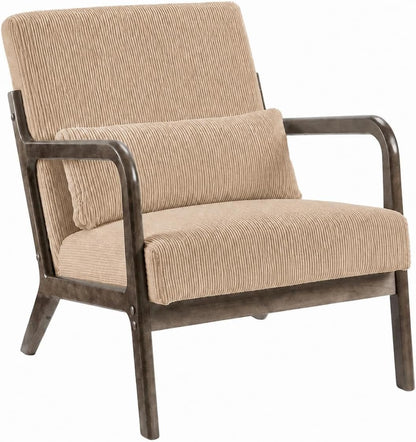 Garvee Mid-Century Chenille Accent Chair, Cozy Reading Chair, Modern Lounge Armchair with Lumbar Pillow, Solid Wood Frame, for Living Room, Bedroom, Office, Beige — Brown-corduroy / 1 Pack