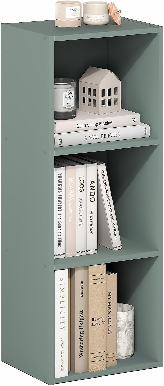 Furinno LUDER Book Shelf, 5-Cube Bookshelf, Reversible Bookcase, 9.4 x 19.5 x 31.5, Easy Assembly, for Living Room, Bedroom, Home Office, White — Sage Green / 3-Tier Cube