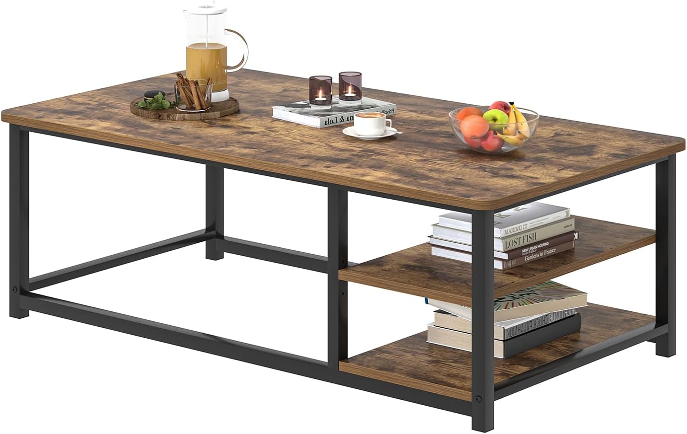 EXCEFUR Modern Coffee Table, Rustic Wood and Metal Living Room Table with Storage Shelf, Industrial Brown, 47 Inch — Rustic Brown (8)