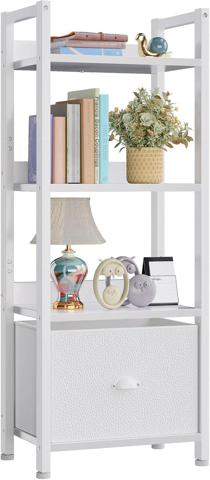 Furologee 5 Tier Bookshelf with Drawer, Tall Narrow Bookcase with Shelves, Wood and Metal Bookshelves Storage Organizer, Industrial Display Standing Shelf Unit for Bedroom, Living Room, Rustic Brown — White / 4 Tier -1 PCS