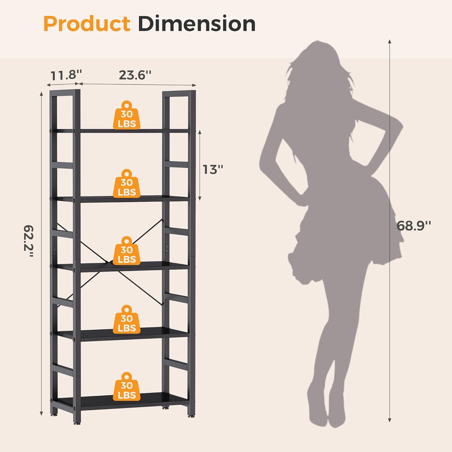 DUMOS 5-Tier Bookshelf, Modern Tall Bookcase Book Shelf | Open Storage Display Shelf for Living Room, Bedroom, Home Office, Narrow Standing Shelving Unit for Books, CDs, Décor Black — Modern Black / 5 Tier (3)