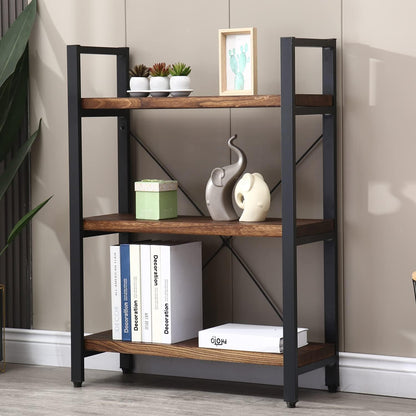 WH-AOERPUMY 5 Tier Bookcase, Solid Wood Bookshelf Rustic Vintage Industrial Etagere Bookcase, Metal and Wood Free Vintage Bookshelf, Retro Brown (5-Tiers) — 3-Tiers-Natural Real Wood