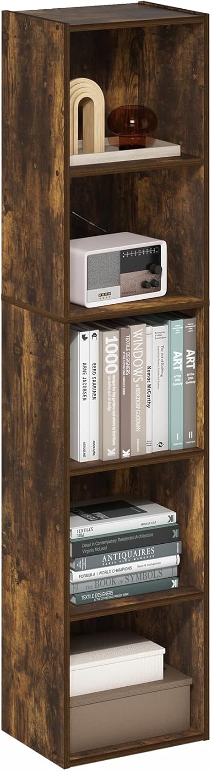 Furinno LUDER Book Shelf, 5-Cube Bookshelf, Reversible Bookcase, 9.4 x 19.5 x 31.5, Easy Assembly, for Living Room, Bedroom, Home Office, White — Amber Pine / 5-Tier Cube