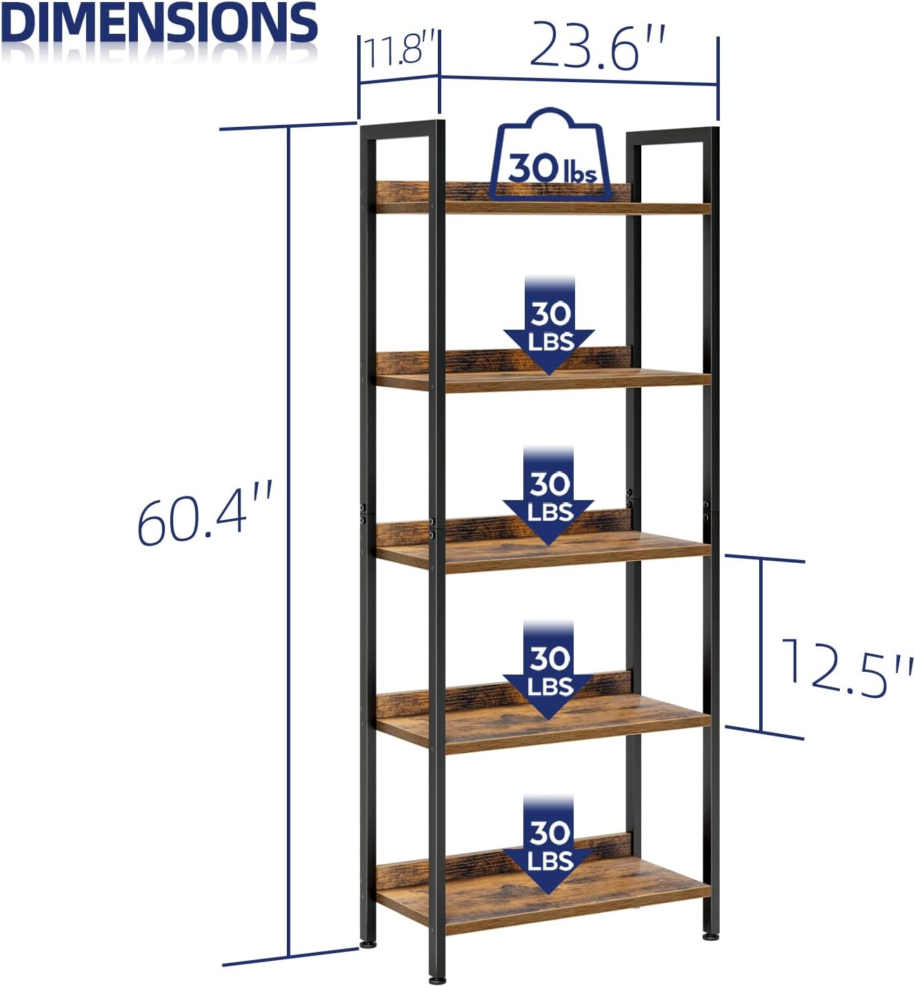 NUMENN Bookshelf, 5 Tier Bookshelves, Home Office Bookcase Shelf Storage Organizer, Free Standing Storage Shelving Unit for Bedroom, Living Room and Home Office, Vintage — 5 Tier(Wide) / Vintage (3)
