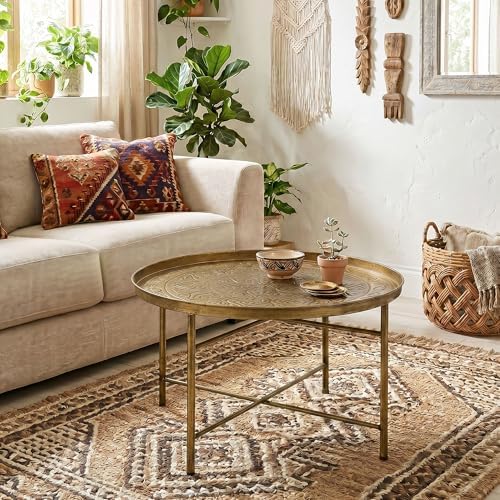 HOMCOM 24" Round Coffee Table with Hammered Tray Top, Vintage Metal Center Table for Living Room, Bedroom, Side Table, Gold