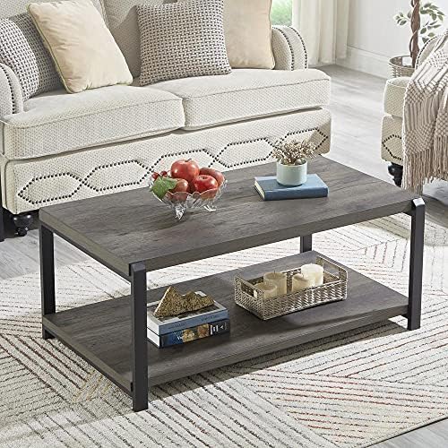 EXCEFUR Modern Coffee Table, Industrial Wood and Metal Center Table, Cocktail Tea Tables for Living Room, Rustic Brown — Grey (2)