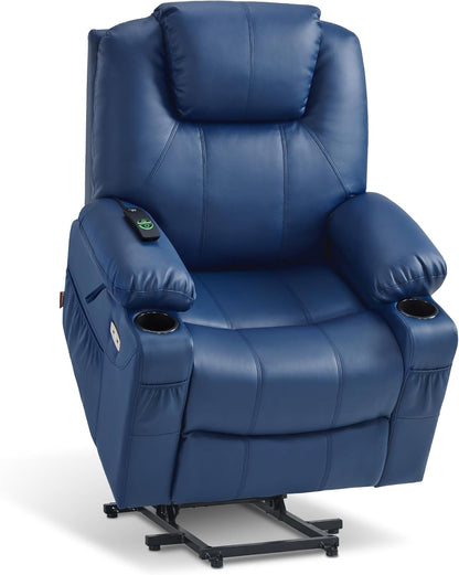 MCombo Electric Power Lift Recliner Chair Sofa with Massage and Heat for Elderly, 3 Positions, 2 Side Pockets, and Cup Holders, USB Ports, Faux Leather 7040 (Grey, Medium) — Medium / Blue