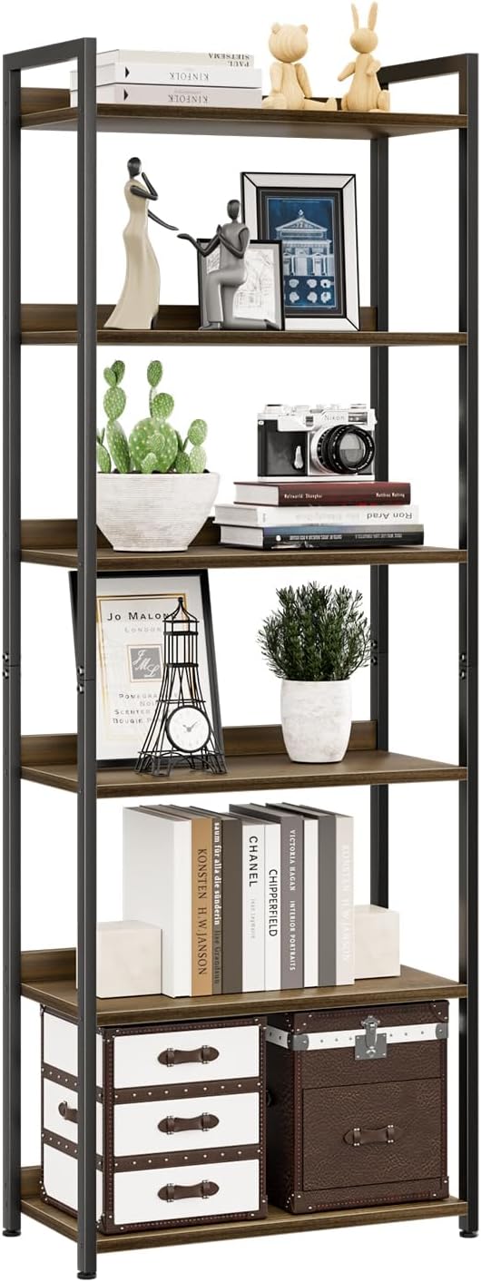 NUMENN Bookshelf, 5 Tier Bookshelves, Home Office Bookcase Shelf Storage Organizer, Free Standing Storage Shelving Unit for Bedroom, Living Room and Home Office, Vintage — 6 Tier(Wide) / Dark Walnut