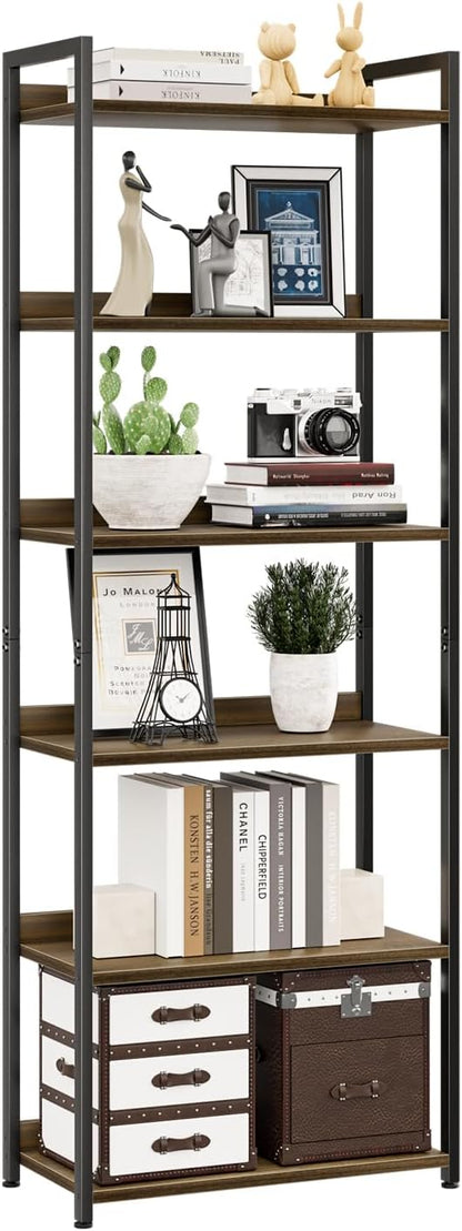 NUMENN Bookshelf, 5 Tier Bookshelves, Home Office Bookcase Shelf Storage Organizer, Free Standing Storage Shelving Unit for Bedroom, Living Room and Home Office, Vintage — 6 Tier(Wide) / Dark Walnut
