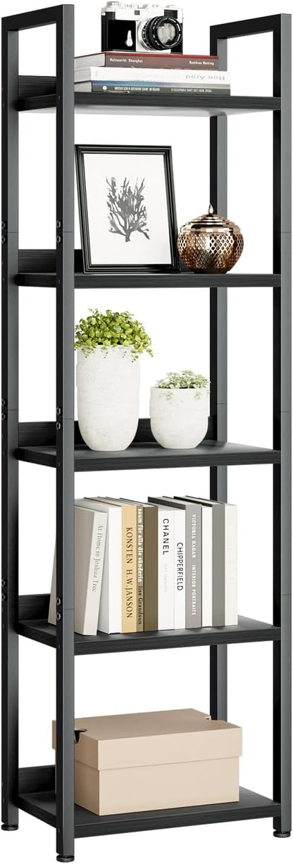 NUMENN Bookshelf, 5 Tier Bookshelves, Home Office Bookcase Shelf Storage Organizer, Free Standing Storage Shelving Unit for Bedroom, Living Room and Home Office, Vintage — 5 Tier(Narrow) / Black