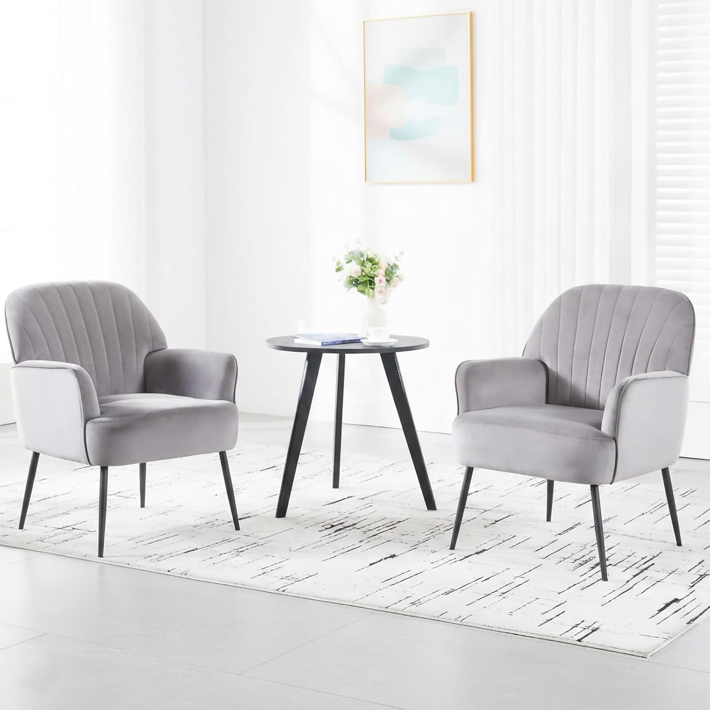 Velvet Accent Chair, Channel Tufted Shell Back Armchair, Ergonomic Upholstered Reading Chair with Wood Legs, Modern Single Sofa Chair for Living Room, Bedroom, Vanity (Gray) — Grey (8)