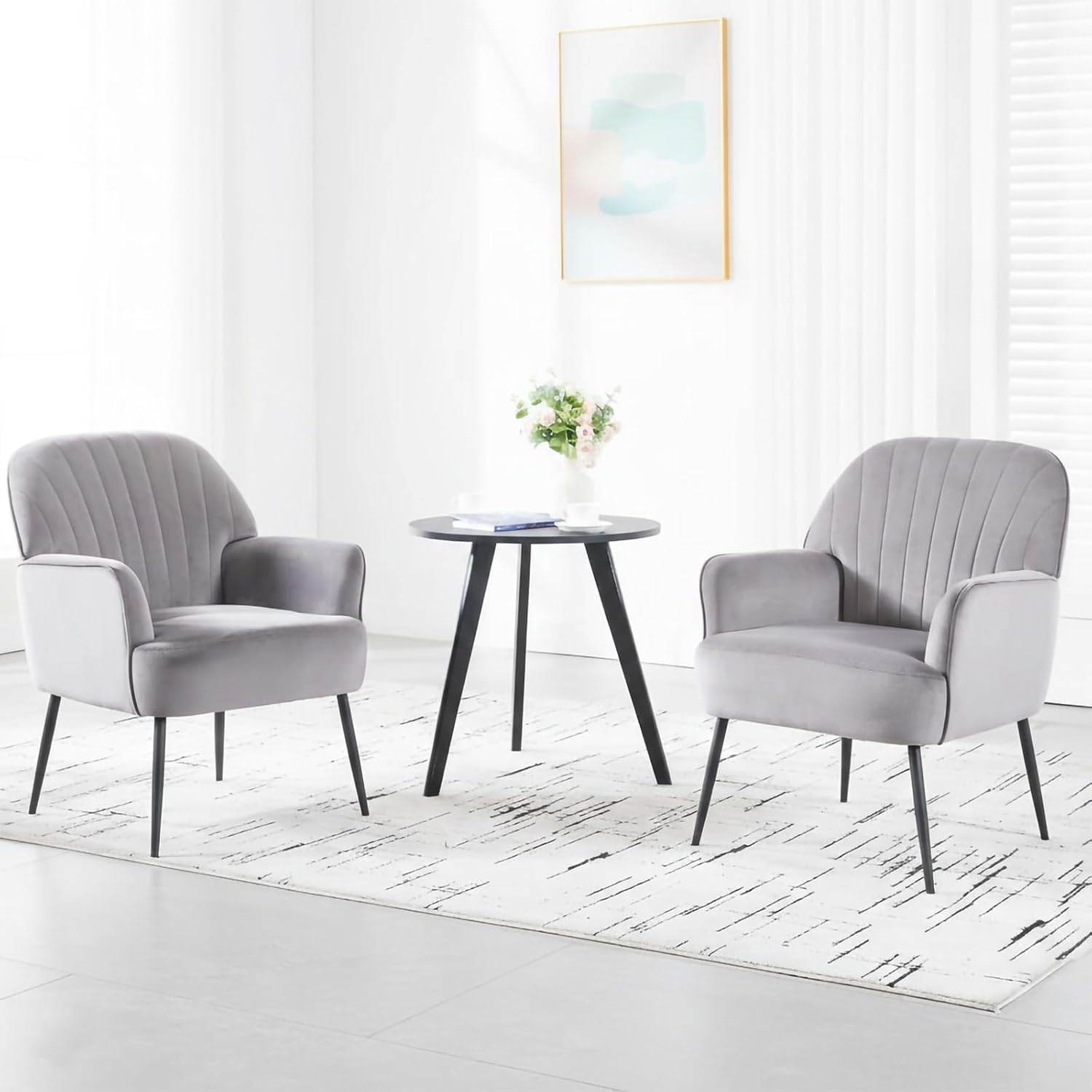 Velvet Accent Chair, Channel Tufted Shell Back Armchair, Ergonomic Upholstered Reading Chair with Wood Legs, Modern Single Sofa Chair for Living Room, Bedroom, Vanity (Gray) — Grey (8)