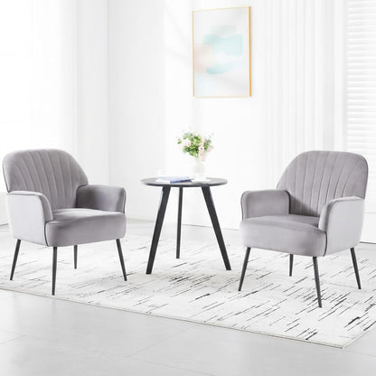 Velvet Accent Chair, Channel Tufted Shell Back Armchair, Ergonomic Upholstered Reading Chair with Wood Legs, Modern Single Sofa Chair for Living Room, Bedroom, Vanity (Gray) — Grey (8)