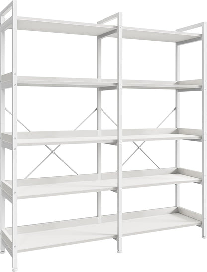 Huuger 5 Tier Bookshelf, Display Bookshelf with 10 Open Shelves and Raised Baffle, 47.2 Inch Straight Wide Bookcase with Metal Frame and Wooden Board, Adjustable Feet, Rustic Brown — 5 Tier / White