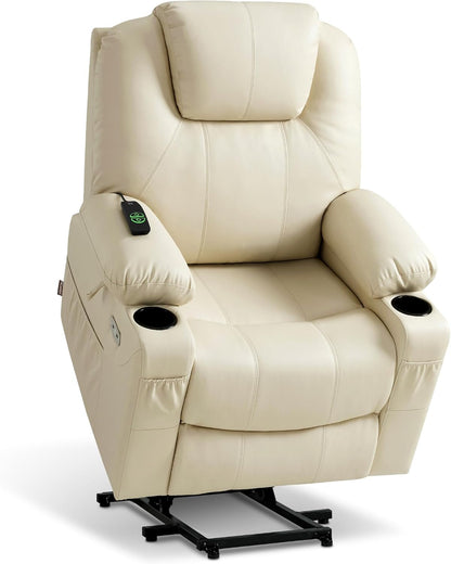 MCombo Electric Power Lift Recliner Chair Sofa with Massage and Heat for Elderly, 3 Positions, 2 Side Pockets, and Cup Holders, USB Ports, Faux Leather 7040 (Grey, Medium) — Medium / Cream White