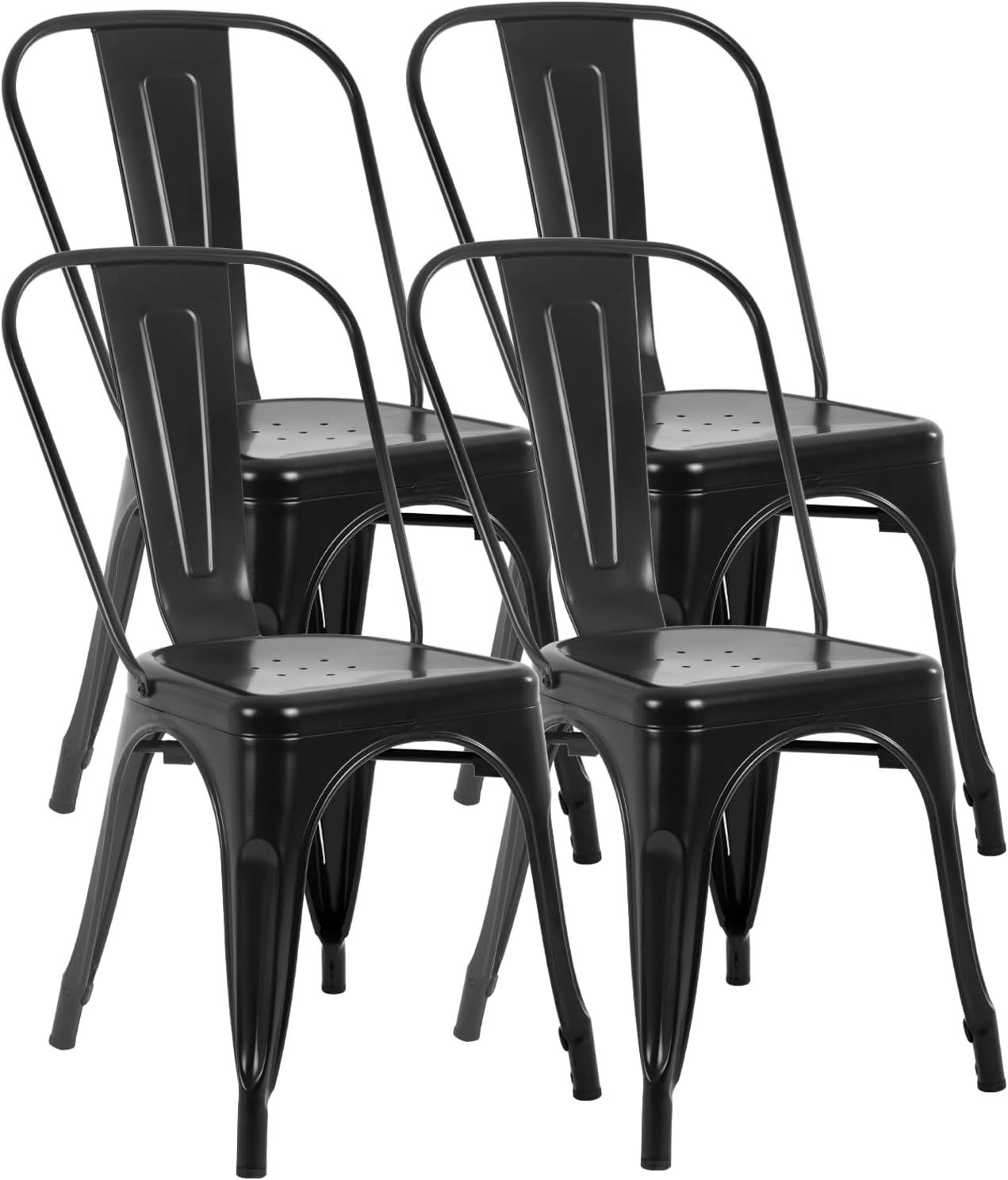 FDW | Metal Dining Chairs | Set of 4 | Black | Stackable Tolix Side Chairs with Backrest | Scratch-Resistant | Non-Slip Feet | Indoor/Outdoor Use | 330 lbs Capacity | for Kitchen & Restaurant — Black / Steel Seat