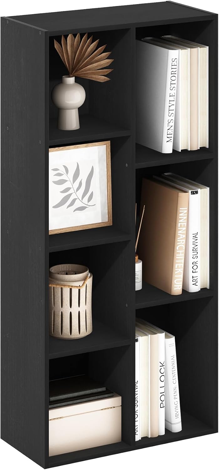 Furinno LUDER Book Shelf, 5-Cube Bookshelf, Reversible Bookcase, 9.4 x 19.5 x 31.5, Easy Assembly, for Living Room, Bedroom, Home Office, White — Blackwood / 7-Cube