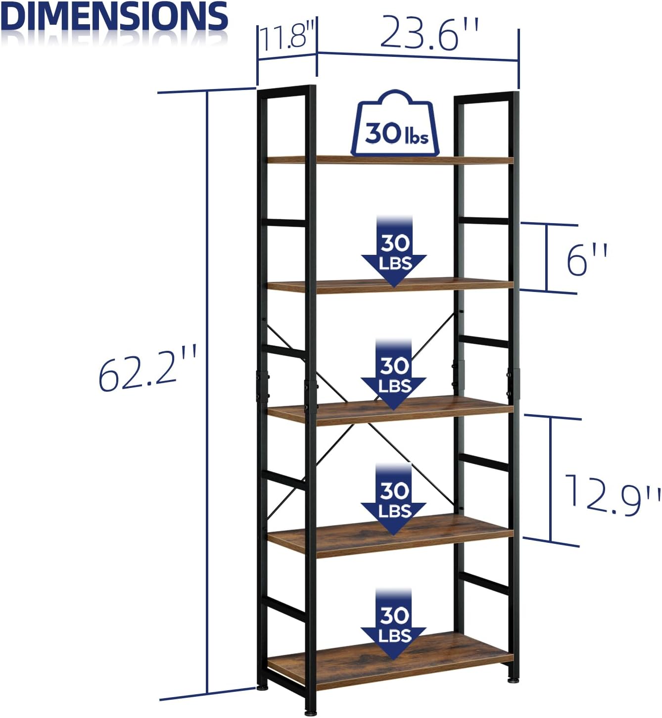 NUMENN 5 Tier Bookshelf, Tall Bookcase Shelf Storage Organizer, Modern Book Shelf for Bedroom, Living Room and Home Office, Vintage — 5 Tier / Vintage (3)
