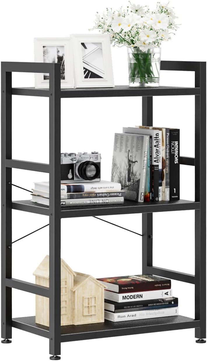 NUMENN 5 Tier Bookshelf, Tall Bookcase Shelf Storage Organizer, Modern Book Shelf for Bedroom, Living Room and Home Office, Vintage — 3 Tier slim / Black