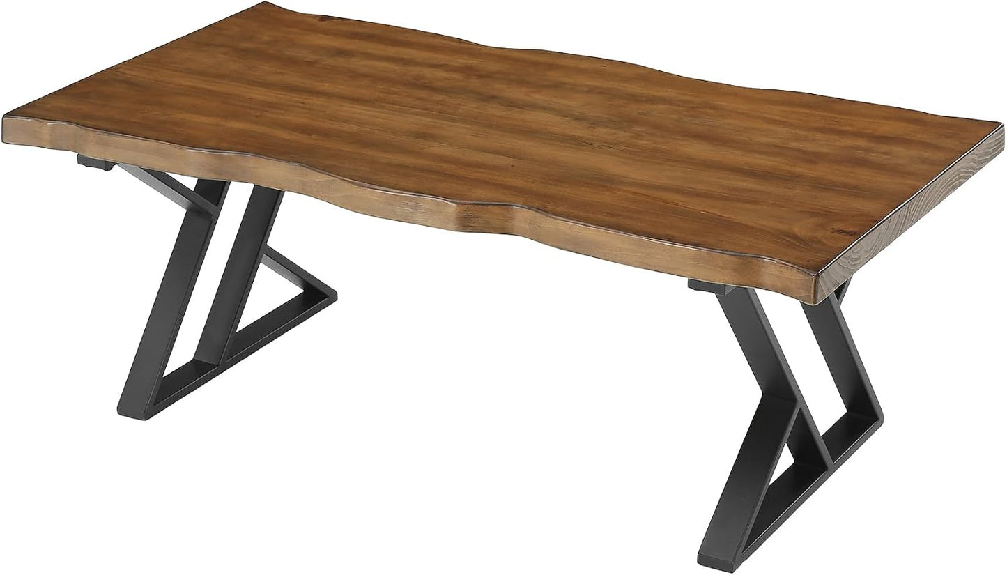 47 Inch Solid Wood Coffee Table with X-Shaped Metal Legs for Living Room | Pinewood Tabletop, Wavy Sihouette Design, Adjustable Foot Pads, Spacious Accent Center Table for Daily Storage & Display