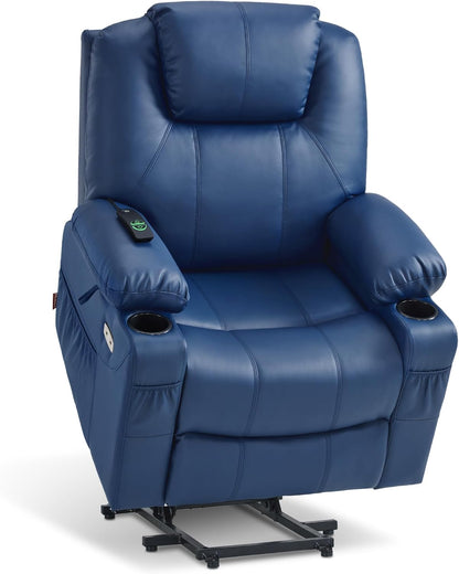 MCombo Electric Power Lift Recliner Chair Sofa with Massage and Heat for Elderly, 3 Positions, 2 Side Pockets, and Cup Holders, USB Ports, Faux Leather 7040 (Grey, Medium) — Large / Blue