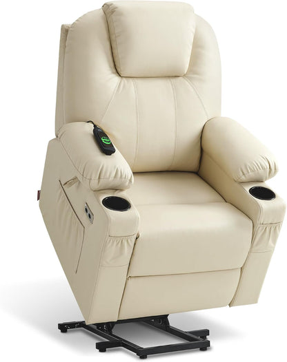 MCombo Electric Power Lift Recliner Chair Sofa with Massage and Heat for Elderly, 3 Positions, 2 Side Pockets, and Cup Holders, USB Ports, Faux Leather 7040 (Grey, Medium) — Small / Cream White