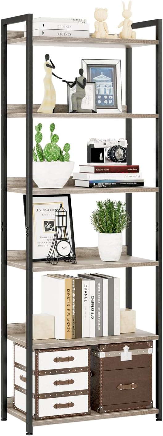 NUMENN Bookshelf, 5 Tier Bookshelves, Home Office Bookcase Shelf Storage Organizer, Free Standing Storage Shelving Unit for Bedroom, Living Room and Home Office, Vintage — 6 Tier(Wide) / Grey