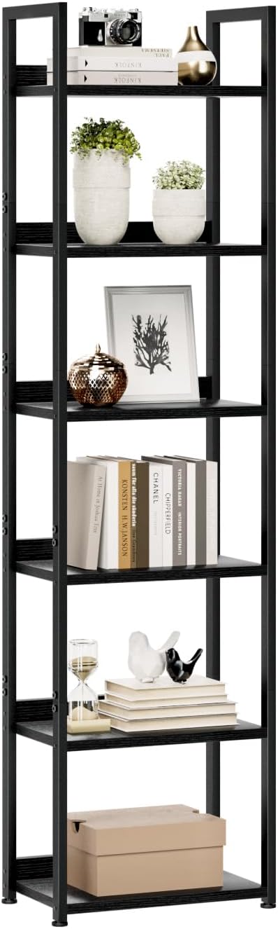 NUMENN Bookshelf, 5 Tier Bookshelves, Home Office Bookcase Shelf Storage Organizer, Free Standing Storage Shelving Unit for Bedroom, Living Room and Home Office, Vintage — 6 Tier(Narrow) / Black