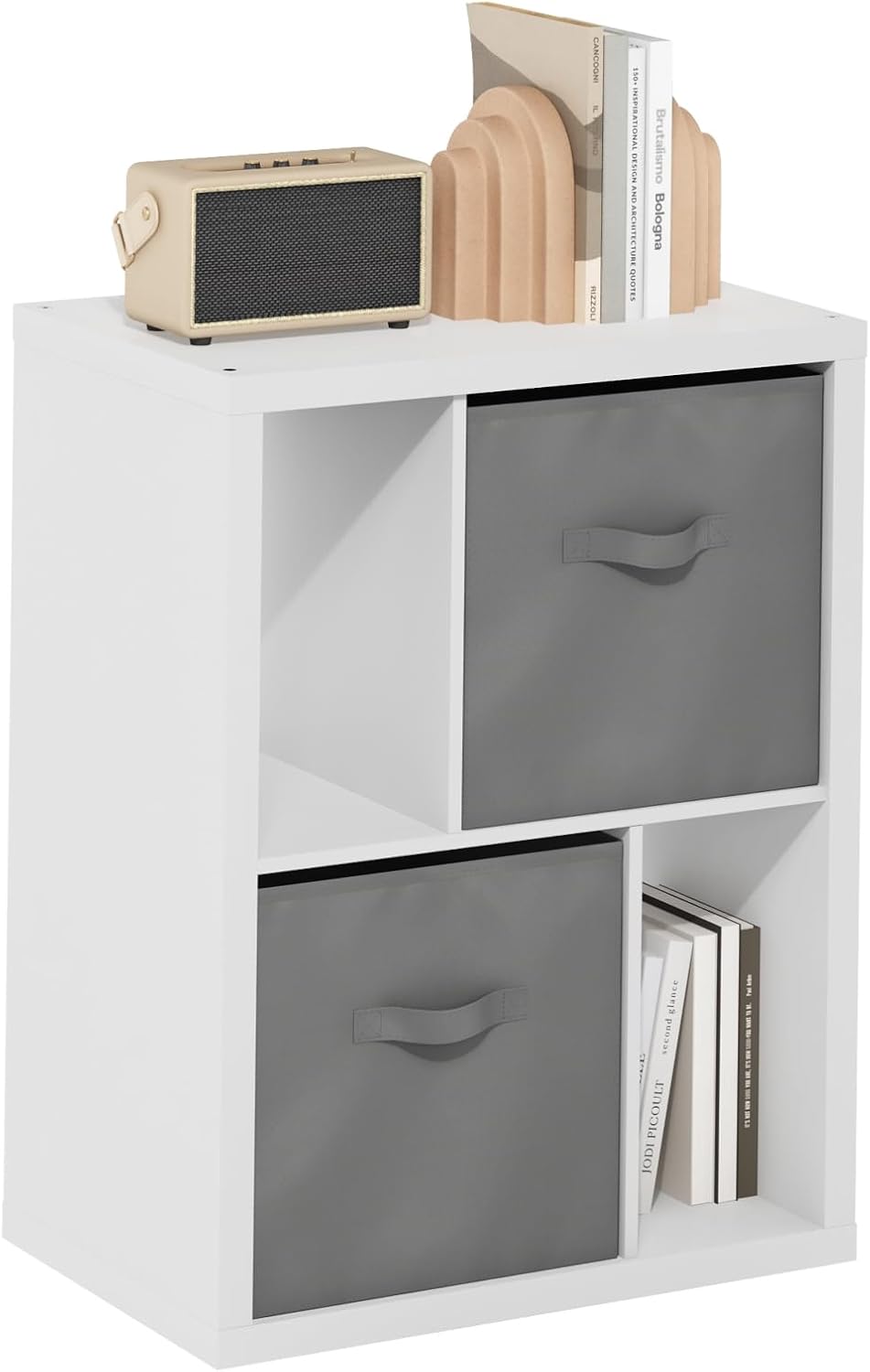 Furinno CLASSIC Coffee Table, Modern Rectangle Printer Stand, Black | 1.8" Triple Thick Tabletop, Toolless Assembly, Side Table, for Living Room, Home Office — White / 2-Tier, 2 Storage Bins