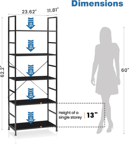 DUMOS 5 Tiers Open Bookshelf, Classic Freestanding Tall Display Shelf | Multifunctional Storage Organizer Rack for Living Room Home Office, Sturdy Bookcase for CDs/Books/Movies, Modern Black — Black / 5 Tier (3)