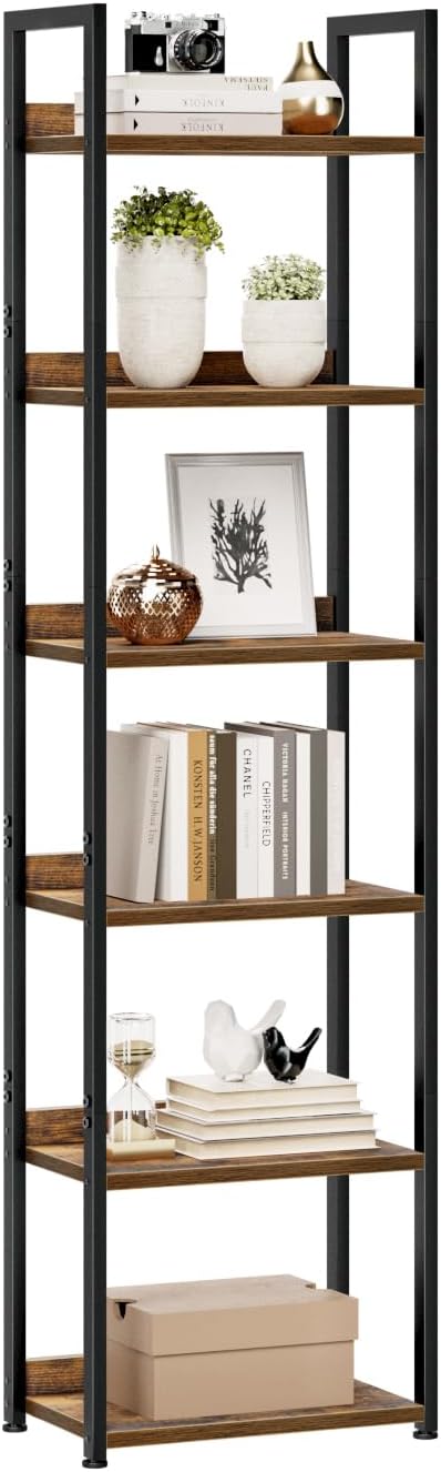 NUMENN Bookshelf, 5 Tier Bookshelves, Home Office Bookcase Shelf Storage Organizer, Free Standing Storage Shelving Unit for Bedroom, Living Room and Home Office, Vintage — 6 Tier(Narrow) / Vintage