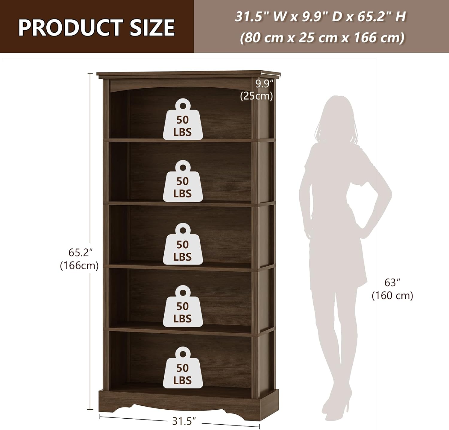 TVU 5-Tier Wooden Bookshelf, 31.5" W x 65" H ×9.9" D Bookshelf with Storage, Floor Standing Modern Style Display Bookcase for Living Room, Office, Study Room, Entryway, Brown — Brown / 5 Tier (2)