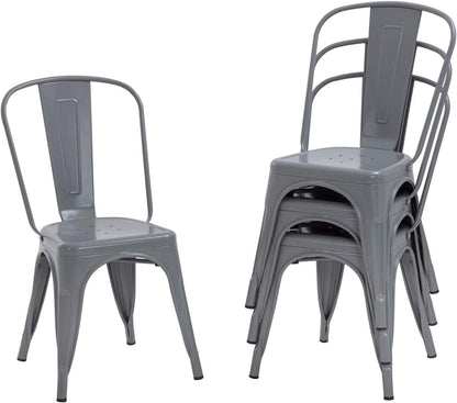 FDW | Metal Dining Chairs | Set of 4 | Black | Stackable Tolix Side Chairs with Backrest | Scratch-Resistant | Non-Slip Feet | Indoor/Outdoor Use | 330 lbs Capacity | for Kitchen & Restaurant — Grey / Steel Seat