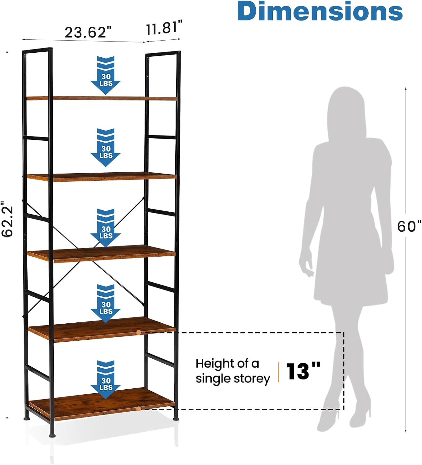 DUMOS 5 Tiers Bookshelf, Classical Modern Book Shelf, Tall Display Shelves in Living Room/Home/Office, Storage Organizer for CDs/Books/Movies, Rustic Brown | Tall Display Shelves in Living Room/Home/Office, Storage Organizer for CDs/Books/Movies, Rustic B
