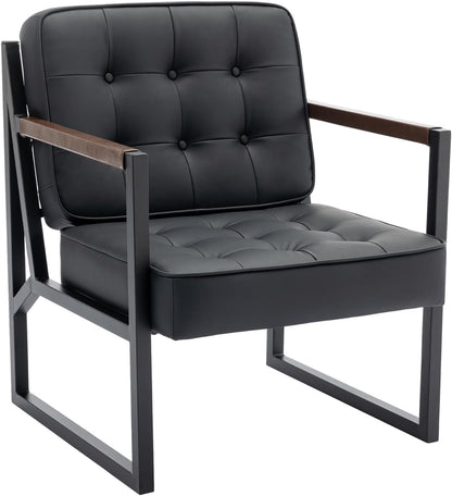 COLAMY Mid Century Modern Accent Chair Set of 2, Comfy Living Room Chair, Black Leather Accent Chair, Faux Leather Reception Armchair with Metal Legs for Living Room Bedroom Reception Office, Black — Black / Set of 2 (3)