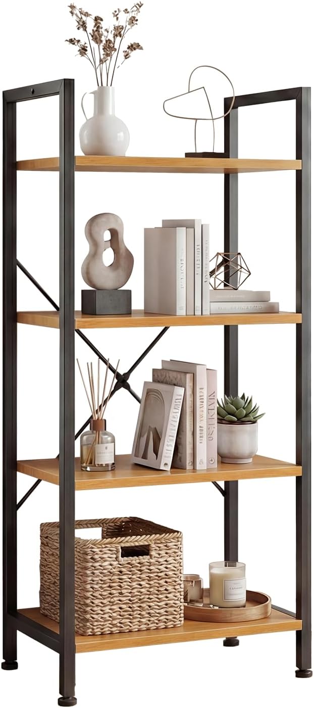 DUMOS 5 Tiers Open Bookshelf, Classic Freestanding Tall Display Shelf | Multifunctional Storage Organizer Rack for Living Room Home Office, Sturdy Bookcase for CDs/Books/Movies, Modern Black — Natural Wood / 4 Tier