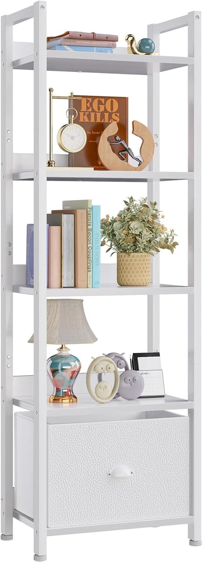 Furologee 5 Tier Bookshelf with Drawer, Tall Narrow Bookcase with Shelves, Wood and Metal Bookshelves Storage Organizer, Industrial Display Standing Shelf Unit for Bedroom, Living Room, Rustic Brown — White / 5 Tier -1 PCS
